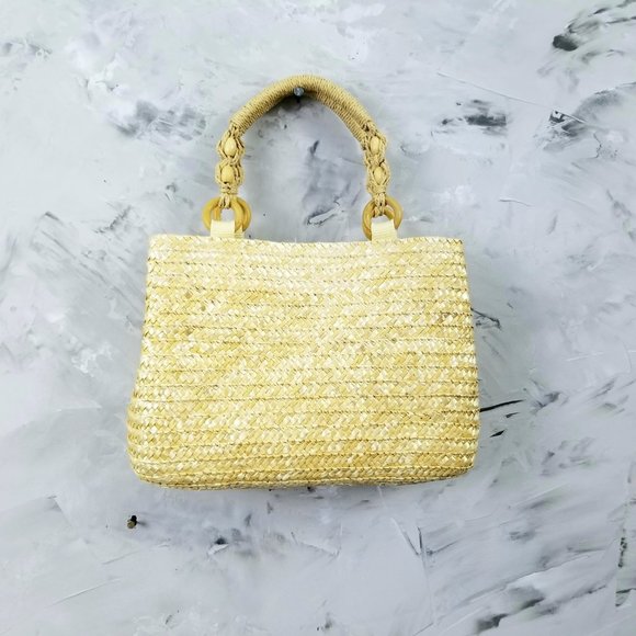 CROFT & BARROW Straw Tote Purse Satchel Handbag, Woven Bag w/Yellow Gingham Lin. - Picture 3 of 10